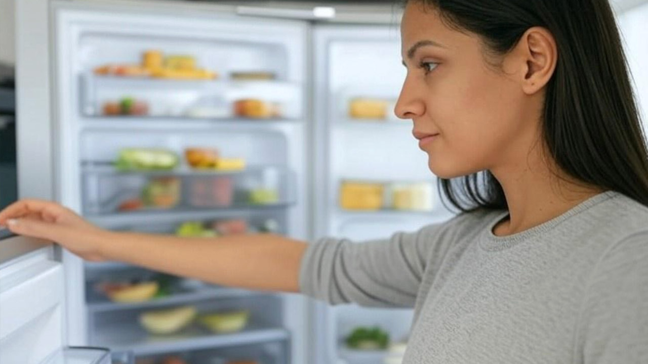 Uma imagem ampla e aberta de uma mulher brasileira na cozinha, olhando pra dentro da geladeira