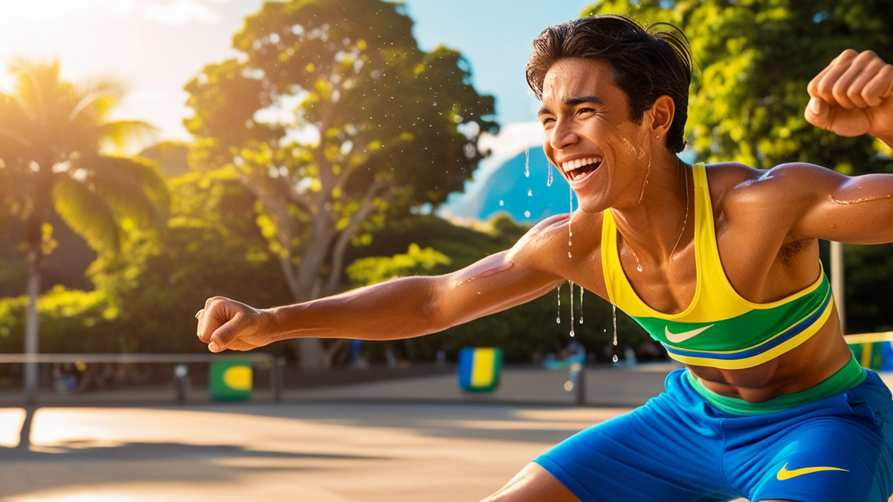 Uma imagem de um brasileiro fazendo exercícios físicos e feliz